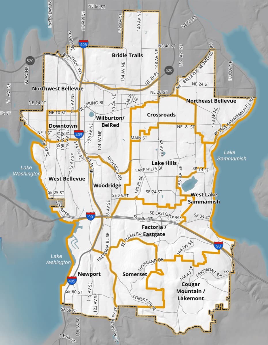 Map of Bellevue and East King County neighborhoods